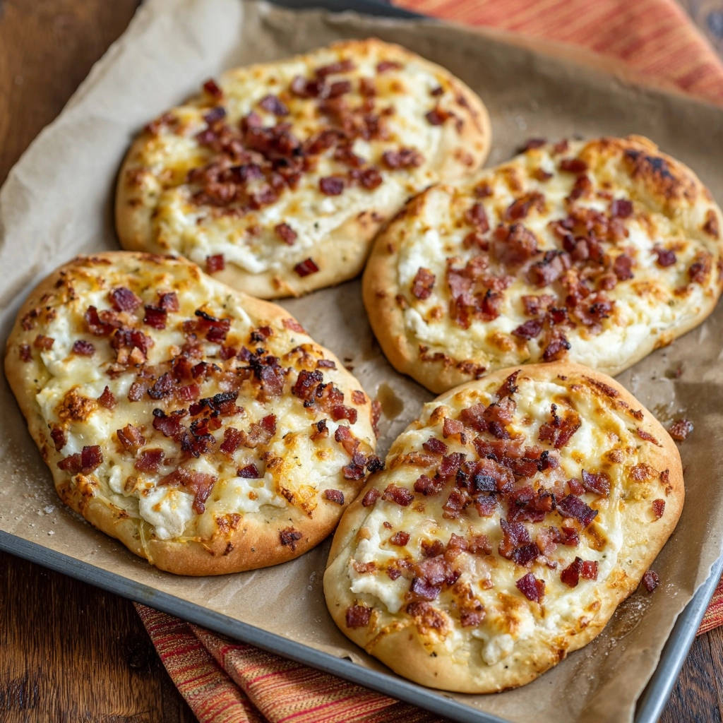 Cremige Bacon-Fladenbrote, nah aufgenommen mit geschmolzenem Käse und knusprigem Speck als Belag.