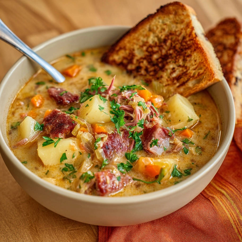 Cremige Corned Beef und Kohl Suppe mit Kartoffeln und Brot, eine Nahaufnahme der herzhaften Zutaten.