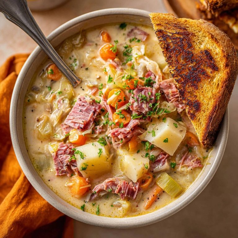 Cremige Corned Beef und Kohl Suppe als Nahaufnahme mit einem Stück getoastetem Brot, garniert mit Petersilie.
