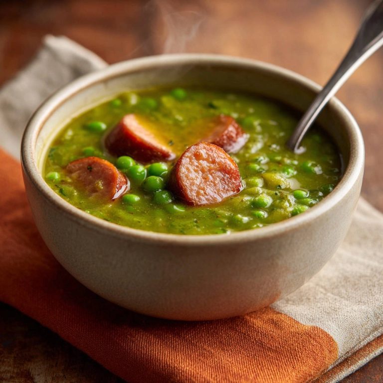 Cremige Erbsensuppe mit herzhaften Würstchen, dampfend in einer Schüssel serviert, mit einer Nahaufnahme der Erbsen und Wurststücke.