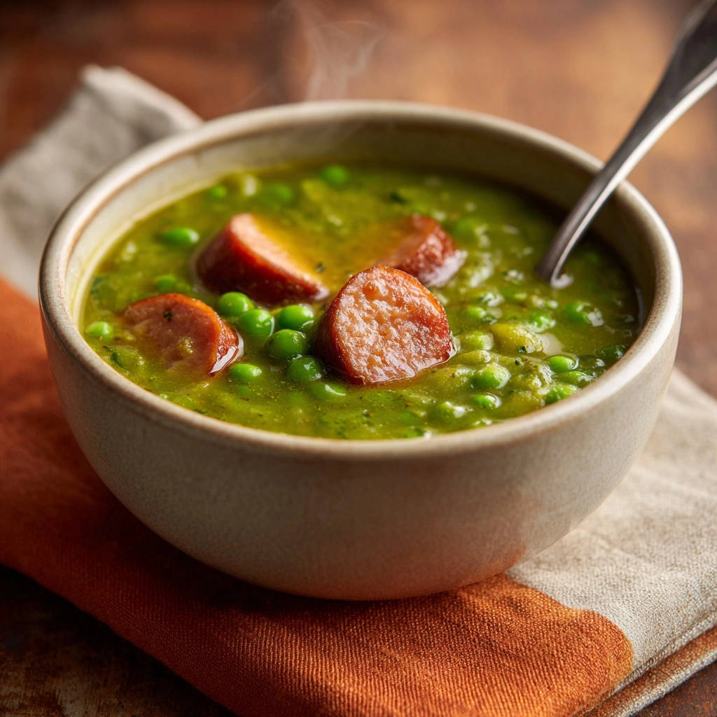 Cremige Erbsensuppe mit herzhaften Würstchen, dampfend in einer Schüssel serviert, mit einer Nahaufnahme der Erbsen und Wurststücke.