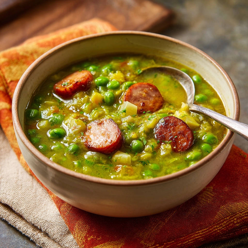 Cremige & frische Erbsensuppe mit herzhaften Würstchen als Nahaufnahme mit fokus auf die Wurstscheiben
