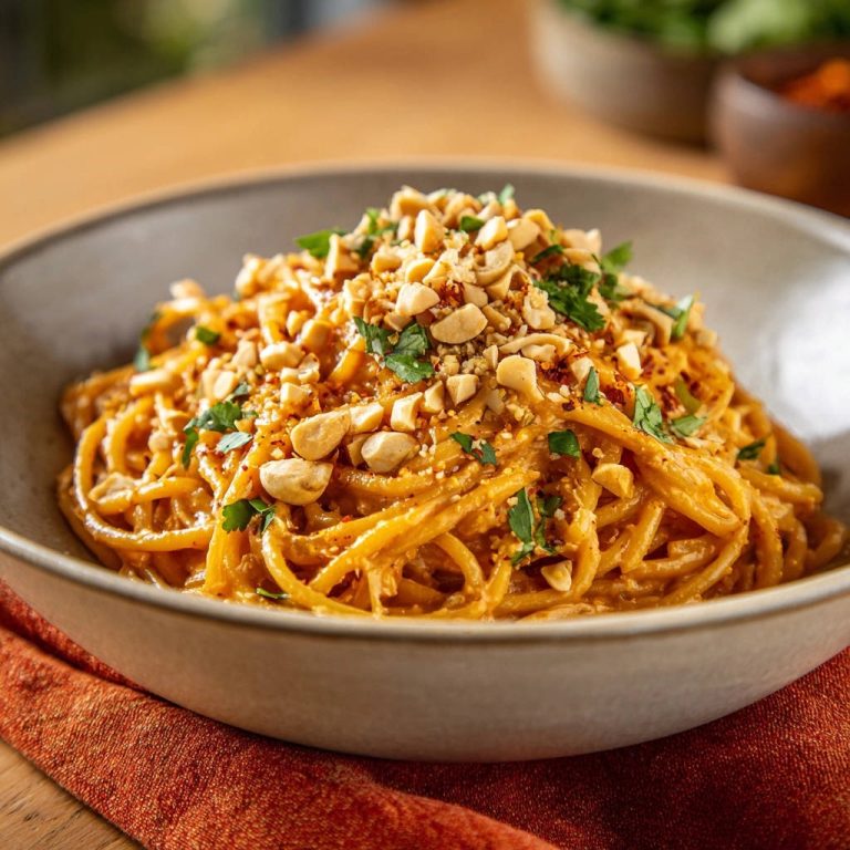 Cremige Erdnuss-Nudeln mit Chili-Crunch, serviert in einer Schüssel und großzügig mit gehackten Erdnüssen und Petersilie garniert.