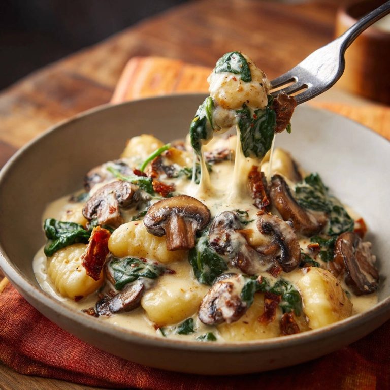 Cremige Gnocchi-Pfanne mit Pilzen und Spinat, detailnah mit einer Gabel herausgehoben, die den geschmolzenen Käse zeigt.