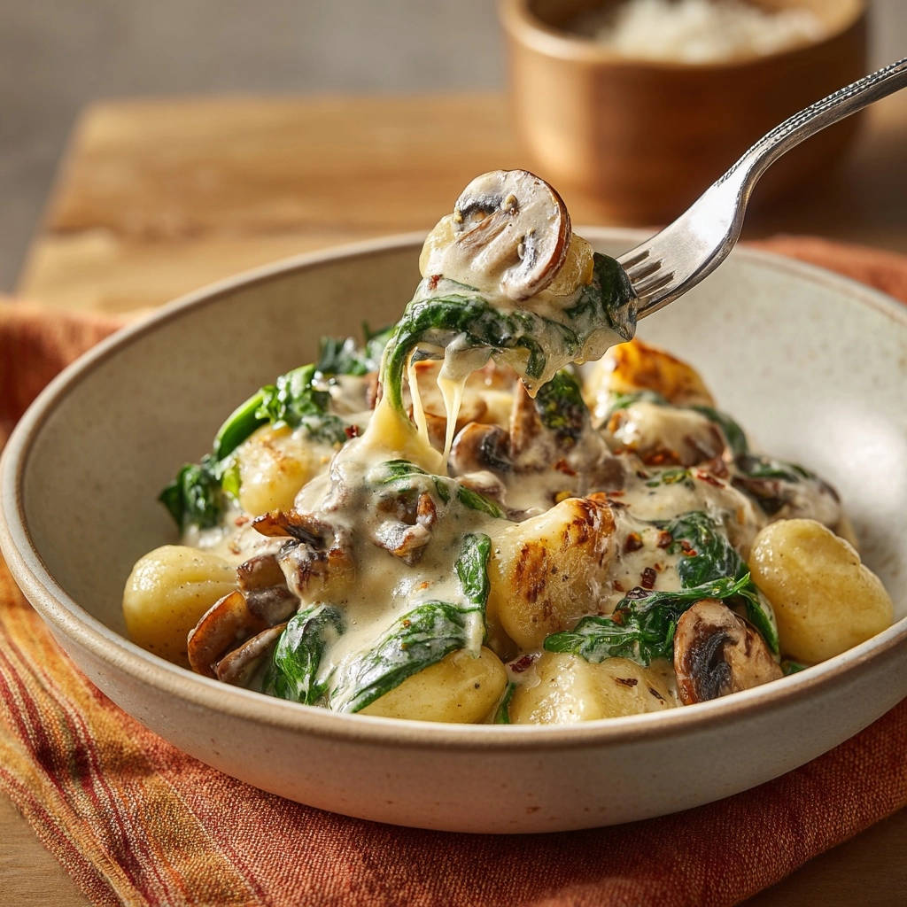 Cremige Gnocchi-Pfanne mit Pilzen und Spinat, nahaufnahme einer Gabel, die das Gericht aufnimmt und den cremigen Käse zeigt.