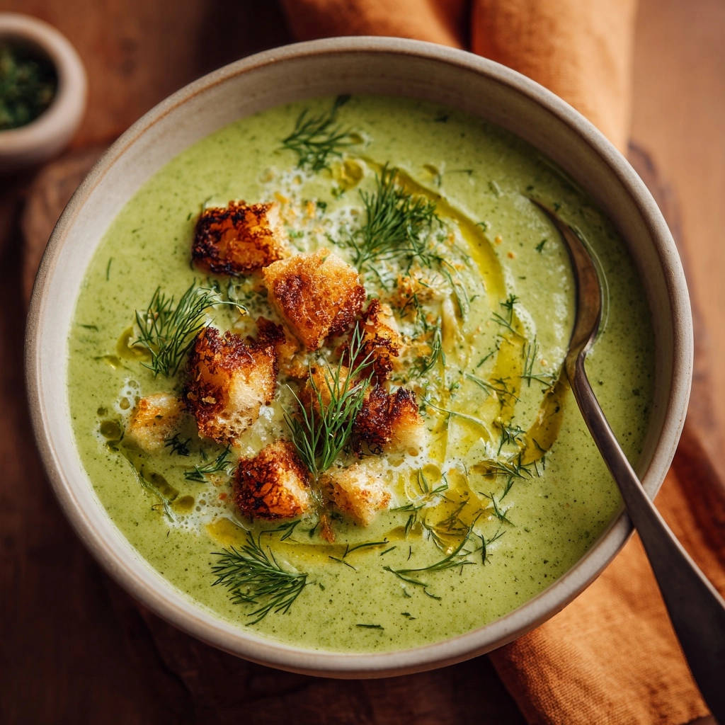 Cremige grüne Gemüsesuppe garniert mit knusprigen Croutons, frischem Dill und einem Schuss Olivenöl, Nahaufnahme.