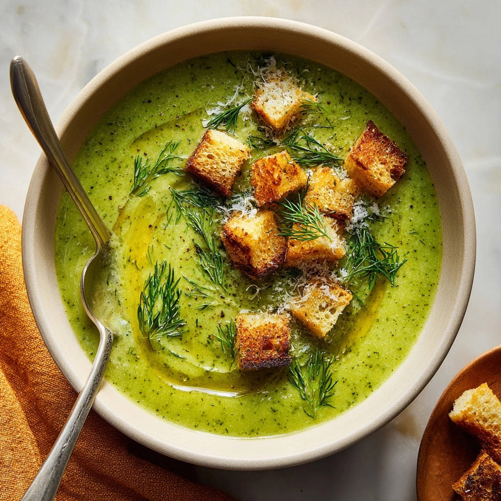 Cremige grüne Gemüsesuppe mit Croutons, frischem Dill und Parmesan, serviert in einer Schüssel mit einem Löffel