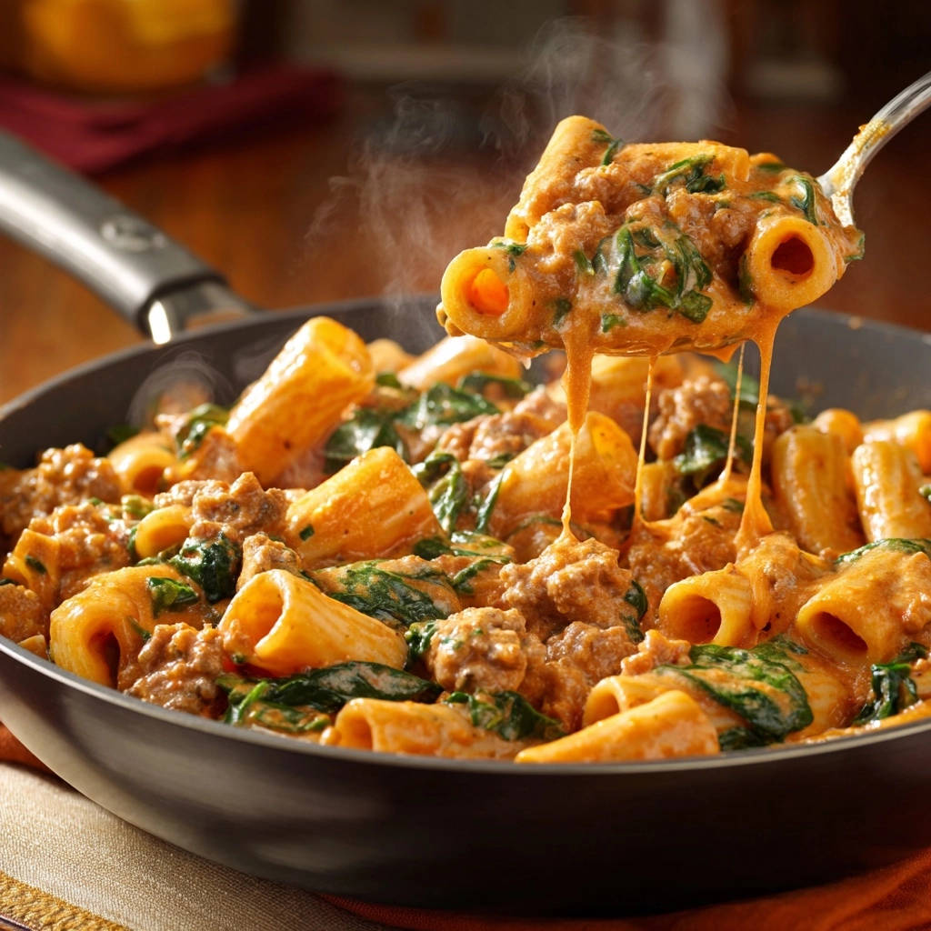 Cremige Hackfleisch-Spinat-Rigatoni mit einer schaumigen Käsesoße, die von einem Löffel herunterhängt.