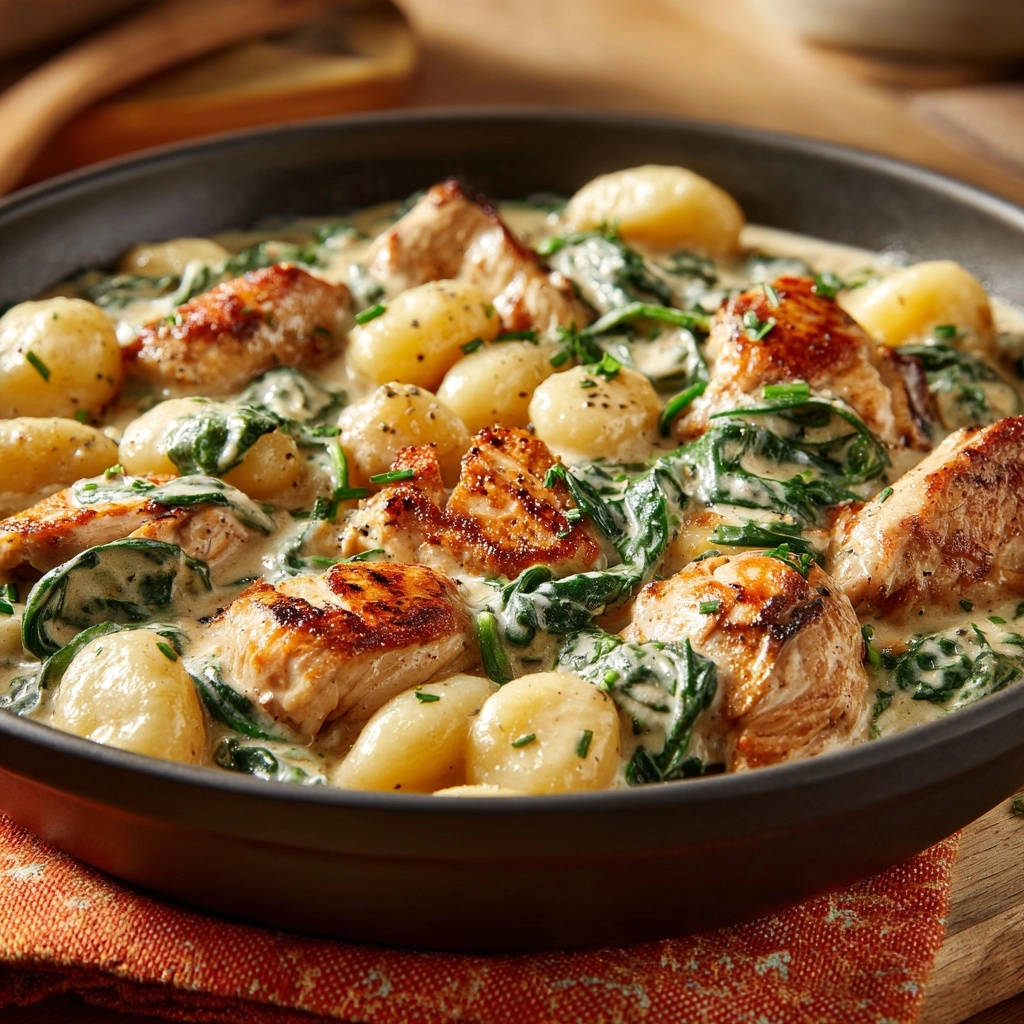 Cremige Hähnchen-Gnocchi-Pfanne mit Spinat, nahaufnahme der saftigen Hähnchenstücke und Gnocchi in cremiger Sauce.