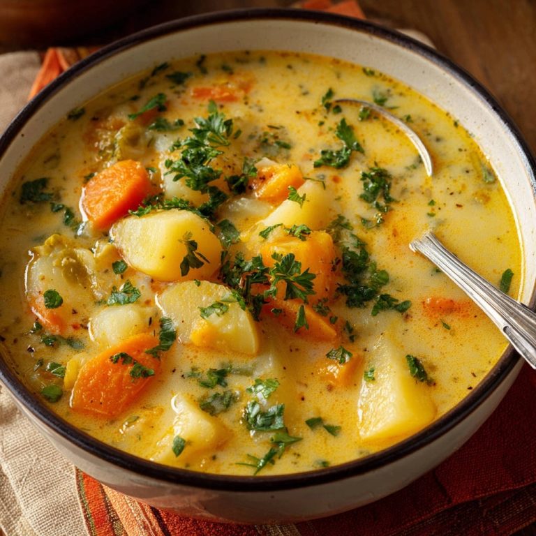 Cremige Herbstgemüse-Suppe mit stückigen Kartoffeln und Karotten, nahaufnahme der detaillierten Textur.