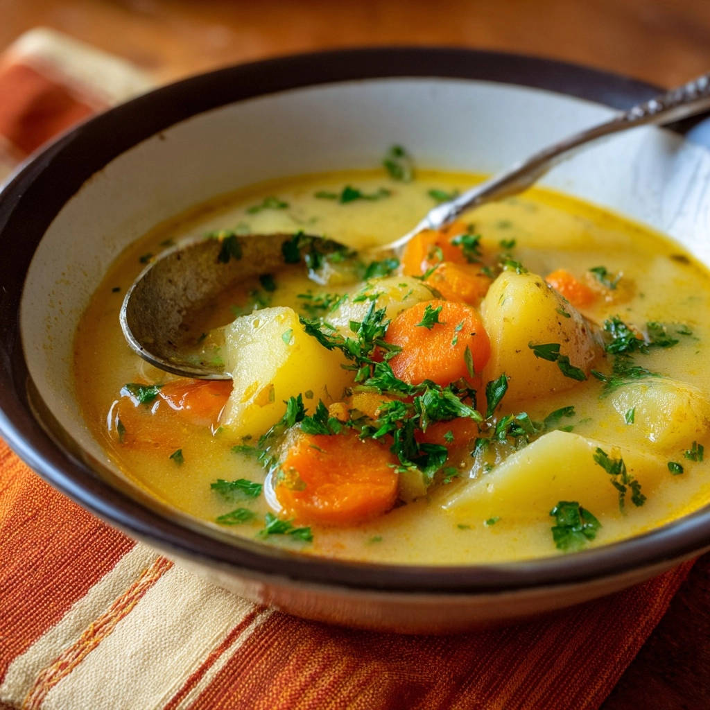 Cremige Herbstgemüse-Suppe mit Kartoffeln und Karotten, mit frischer Petersilie garniert und in einer Schüssel serviert.