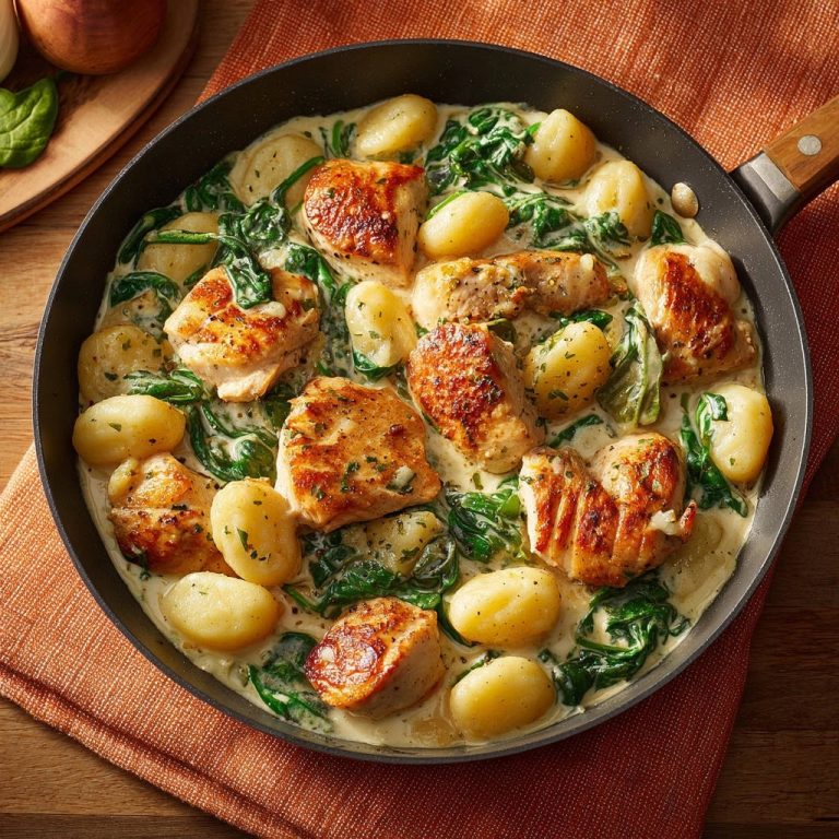 Cremige Hähnchen-Gnocchi-Pfanne mit Spinat in einer Pfanne von oben fotografiert mit saftigen Hähnchenstücken und Gnocchi.