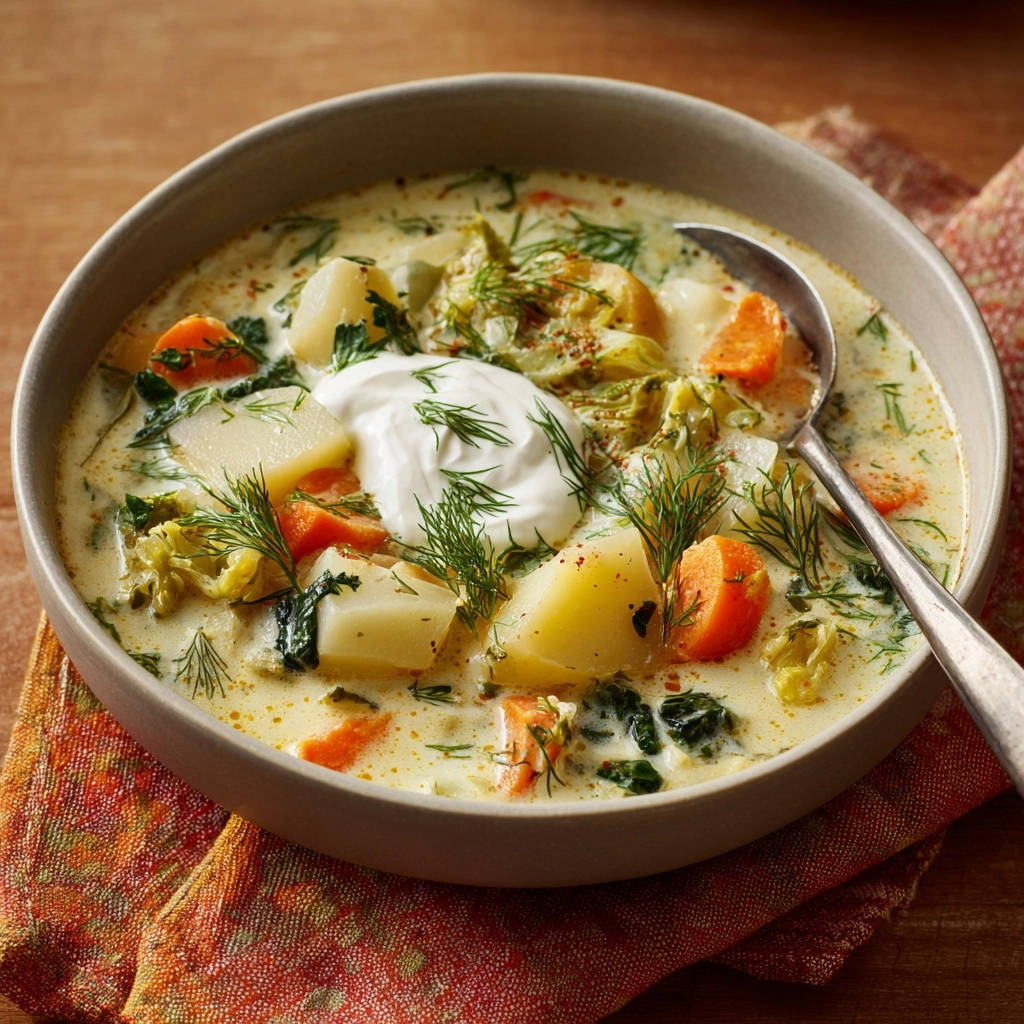 Cremige Kartoffel-Spinat-Suppe mit Dill, garniert mit einem Klecks saurer Sahne und frischem Dill.