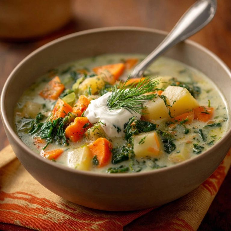 Cremige Kartoffel-Spinat-Suppe mit Dill, garniert mit einem Klecks Sauerrahm und frischem Dill.