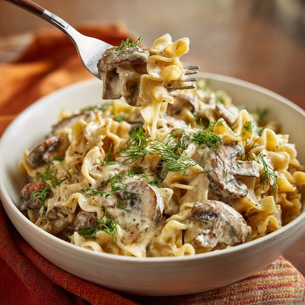 Cremige Pilz-Nudeln nach Stroganoff-Art mit einer Gabel herausgenommen, mit frischem Dill garniert.