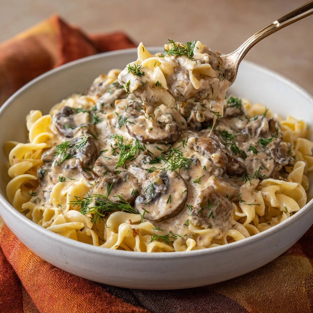 Cremige Pilz-Nudeln nach Stroganoff-Art serviert in einer Schüssel, mit einer Gabel voller Nudeln und Pilzen.