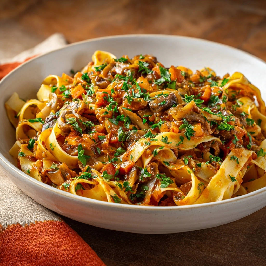 Cremige Pilz-Tagliatelle mit frischer Petersilie garniert, nahaufnahme der Nudeln und Soße.