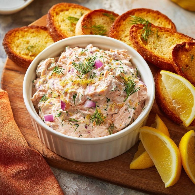 Cremiger Lachs-Dill-Aufstrich, garniert mit frischem Dill und Zitronenzesten, serviert mit geröstetem Brot.
