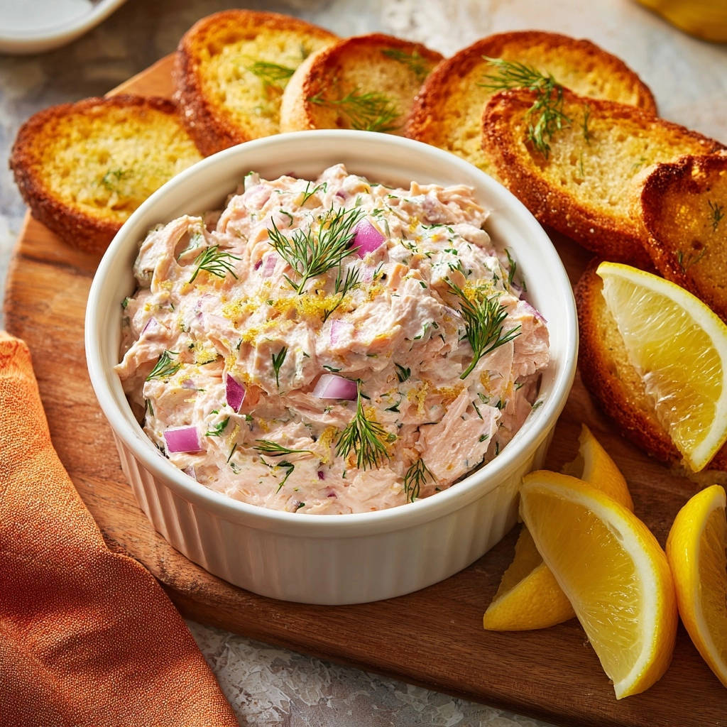 Cremiger Lachs-Dill-Aufstrich, garniert mit frischem Dill und Zitronenzesten, serviert mit geröstetem Brot.