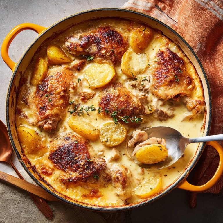 Cremiges Ofenhähnchen mit Kartoffeln, serviert mit einem Löffel, der ein Stück Hähnchen und Kartoffel zeigt