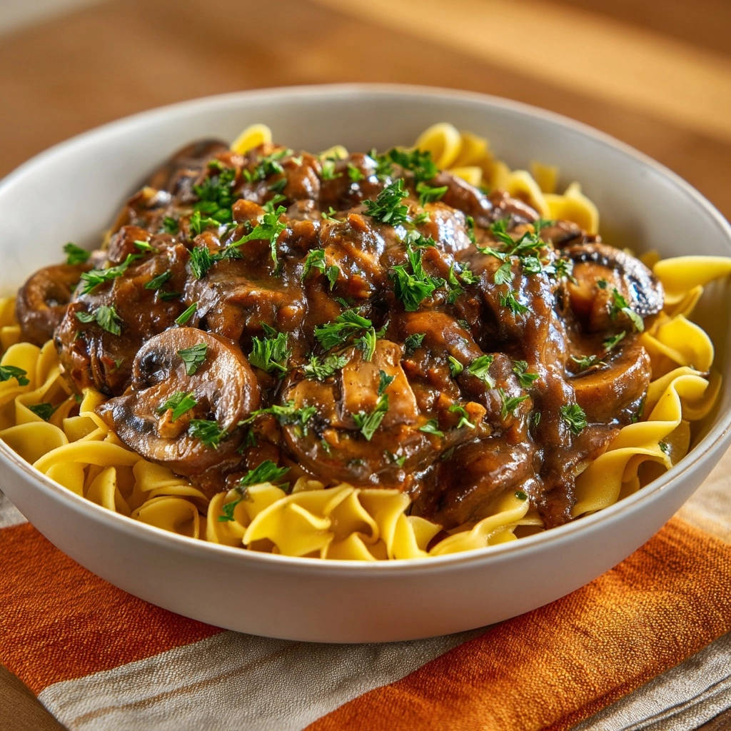 Cremiges Pilz-Ragout mit Eiernudeln, garniert mit frischer Petersilie, in einer weißen Schüssel serviert.