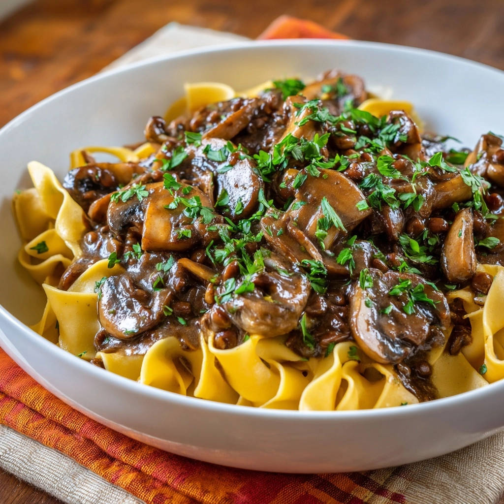Cremiges Pilz-Ragout mit Eiernudeln, nah aufgenommen und mit frischer Petersilie garniert, zeigt die reichhaltige Sauce.
