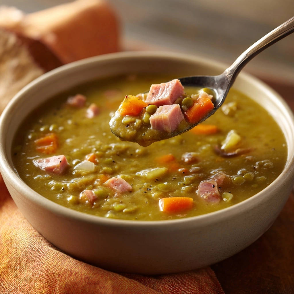 Deftige Erbsensuppe mit Schinken und Bacon, eine Nahaufnahme eines Löffels mit der Suppe und den Zutaten.