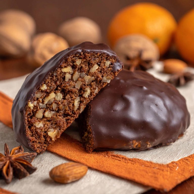 Saftige Elisen-Lebkuchen angeschnitten, mit sichtbarem Nussanteil und Schokoladenglasur auf einem Küchentuch.