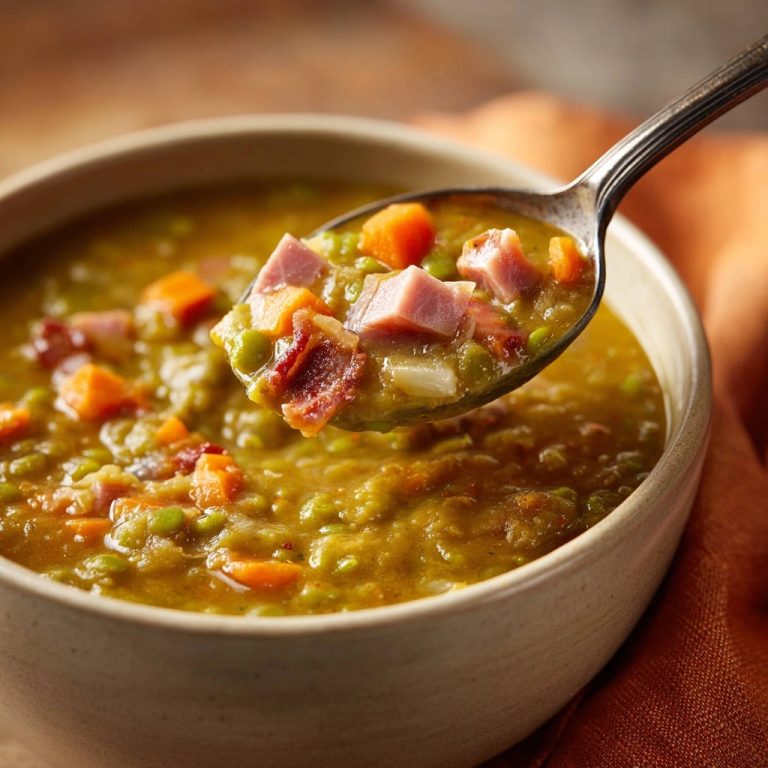 Deftige Erbsensuppe mit Schinken und Bacon, eine Löffel-Nahaufnahme zeigt die herzhaften Zutaten und die cremige Konsistenz.
