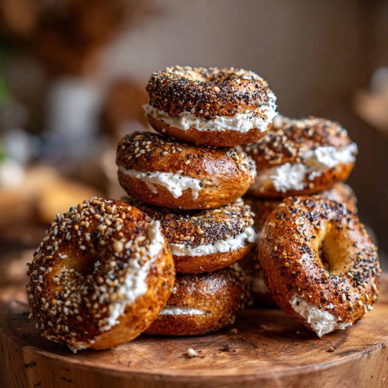 Hausgemachte Everything Bagels mit einer cremigen Füllung, gestapelt auf einem Holzbrett, zeigen die Textur und den Belag.