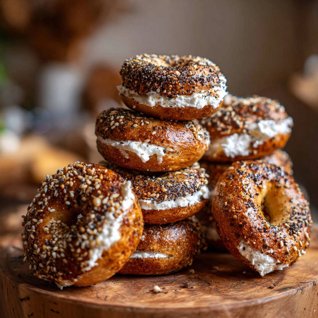 Hausgemachte Everything Bagels mit einer cremigen Füllung, gestapelt auf einem Holzbrett, zeigen die Textur und den Belag.