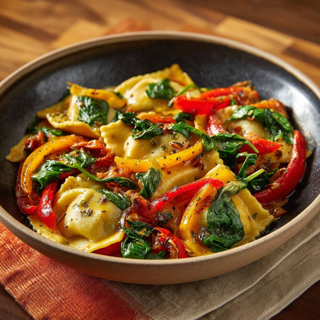 Farbenfrohe Ravioli Pfanne mit Paprika und Spinat, detailnah im Teller angerichtet.