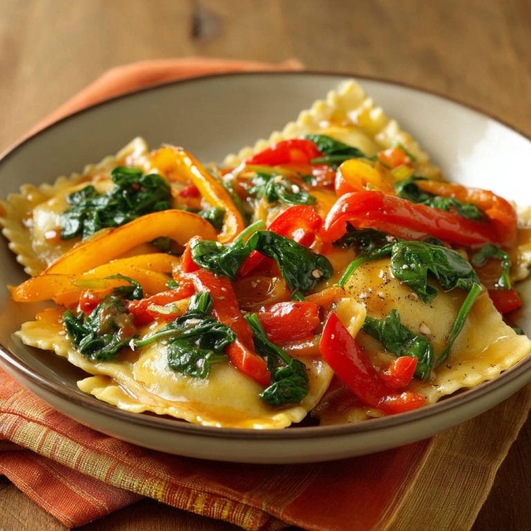 Farbenfrohe Ravioli Pfanne mit sautiertem Gemüse, Nahaufnahme der geschichteten Ravioli und bunten Paprikastreifen.