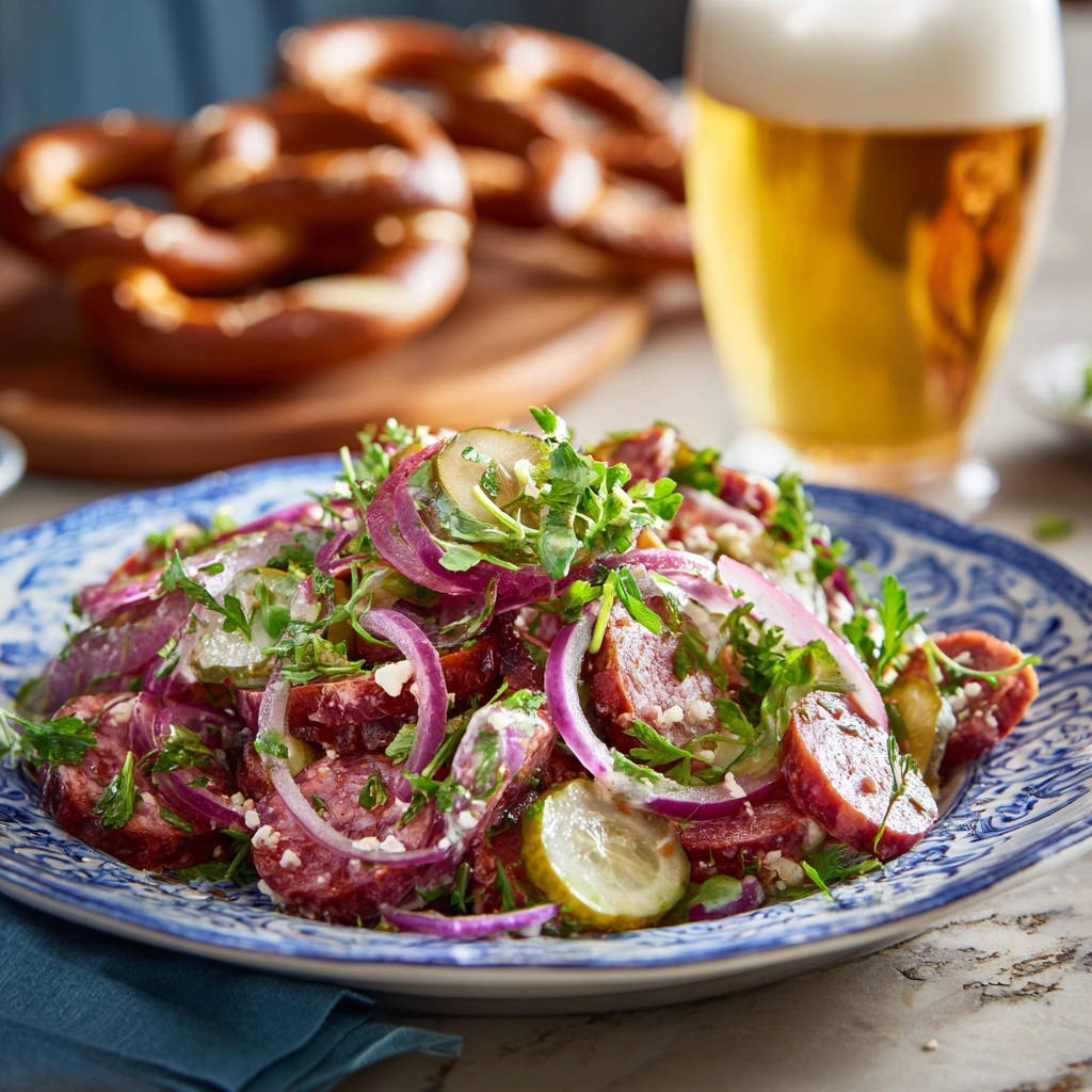 Frischer Wurstsalat mit feiner Kräuternote, nahaufnahme von dem auf einem Teller servierten Gericht mit Zwiebeln und Gurken.