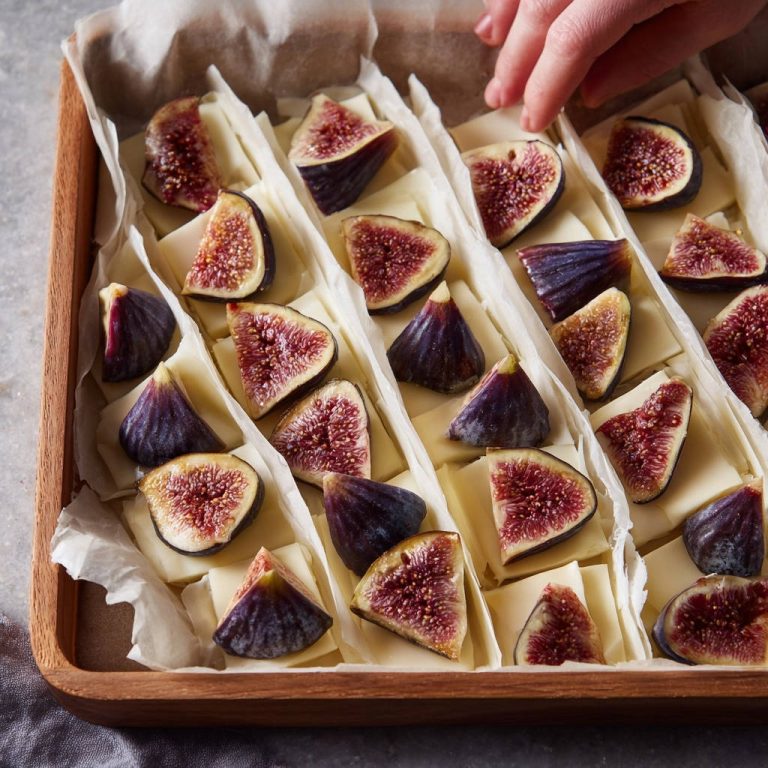 Gebackene Feigen-Käse-Häppchen in einem Holzbrett vorbereitet mit frischen Feigen und Käse, bereit zum Backen.