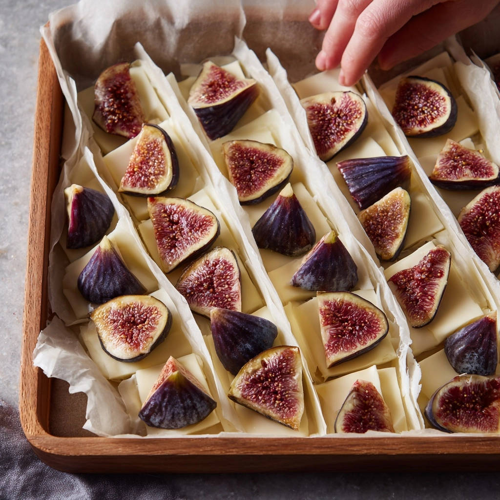 Gebackene Feigen-Käse-Häppchen in einem Holzbrett vorbereitet mit frischen Feigen und Käse, bereit zum Backen.