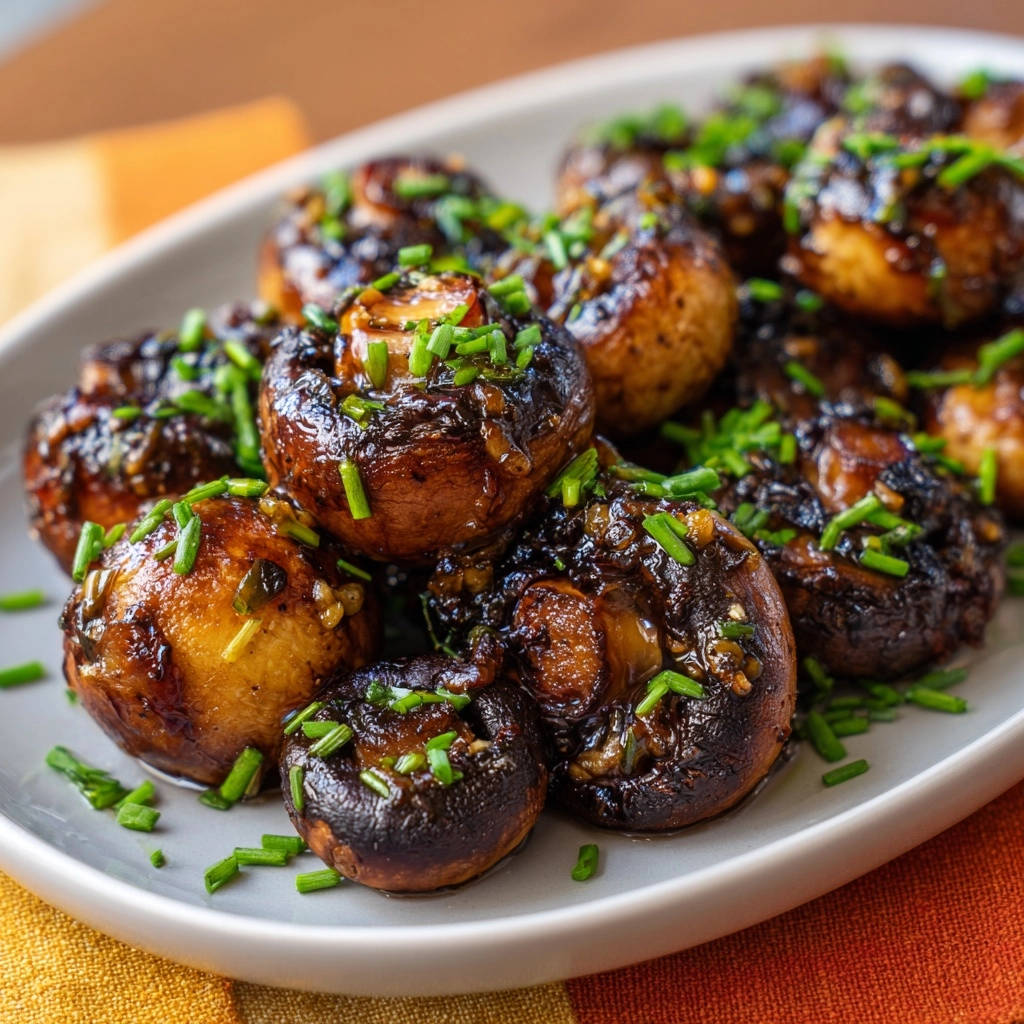 Geröstete Champignons in Balsamico-Knoblauch-Glasur, garniert mit frischen Schnittlauchstückchen auf einem weißen Teller.