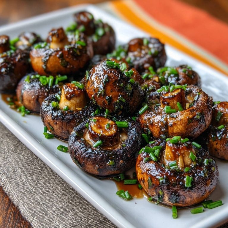 Geröstete Champignons in Balsamico-Knoblauch-Glasur, nahaufnahme der glänzenden Oberfläche und frischen Kräutergarnitur.