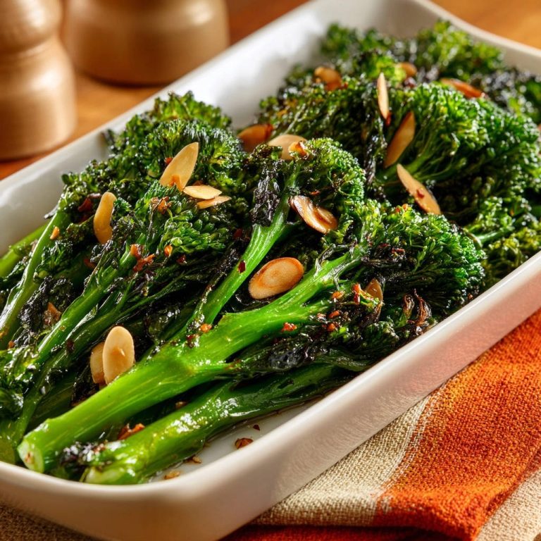 Perfekt gerösteter Broccolini mit Mandeln, detailreiche Nahaufnahme der glänzenden Röschen und Mandelsplitter.