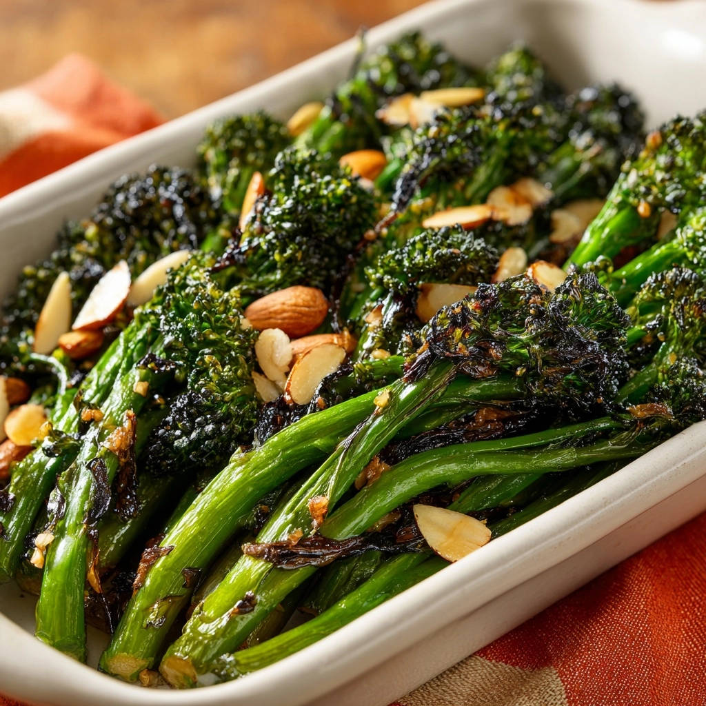 Perfekt geröstetes Broccolini mit Mandeln als Nahaufnahme mit sichtbaren gerösteten Mandelsplittern und glänzenden Stielen.