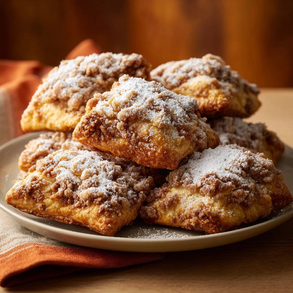 Gemütliche Streusel-Küchlein mit Puderzucker bestäubt, eine Nahaufnahme der Textur und des Toppings.