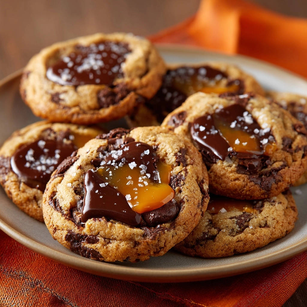 Gesalzene Karamell-Schoko-Cookies mit Schokoladenfüllung und Meersalzflocken, nahaufnahme auf einem Teller serviert.