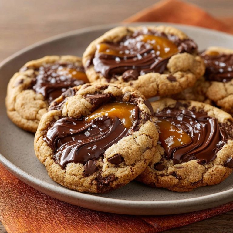 Gesalzene Karamell-Schoko-Cookies mit flüssigem Karamell und Schokoladenglasur, nahaufnahme auf einem Teller serviert.