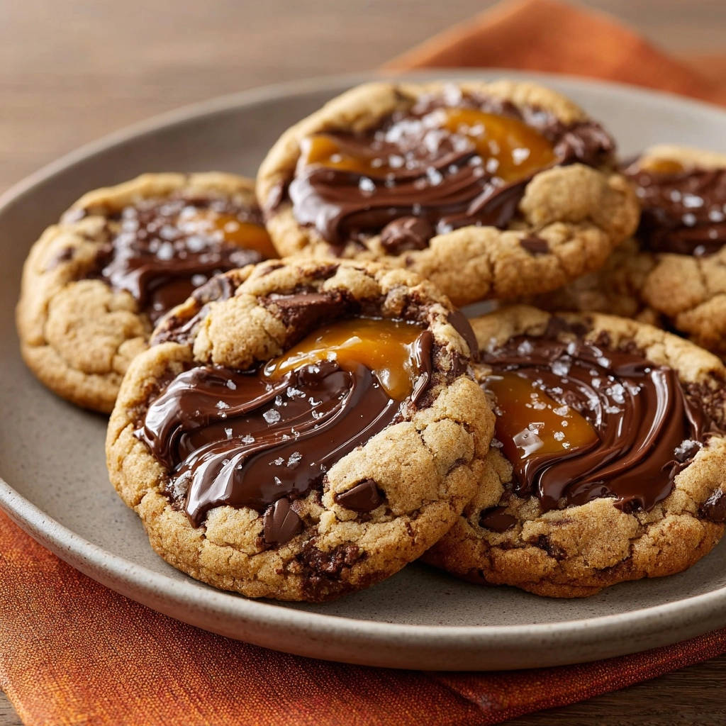 Gesalzene Karamell-Schoko-Cookies mit flüssigem Karamell und Schokoladenglasur, nahaufnahme auf einem Teller serviert.