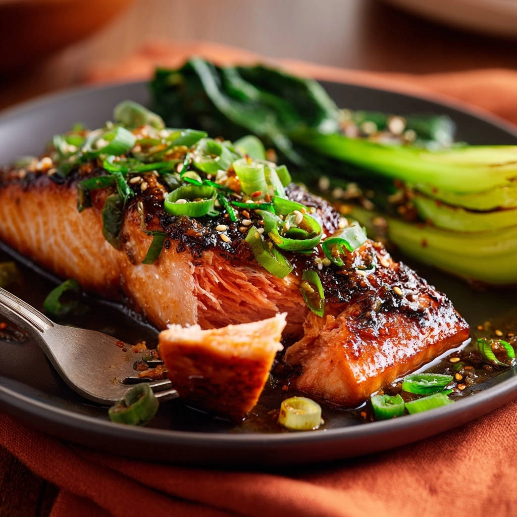 Glasierter Lachs mit Sesam und Pak Choi, angeschnitten und mit Frühlingszwiebeln garniert, auf einem Teller serviert.
