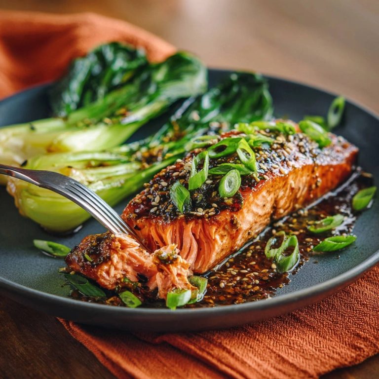 Glasierter Lachs mit Sesam und Pak Choi, angeschnitten mit einer Gabel, die die saftige Textur zeigt.