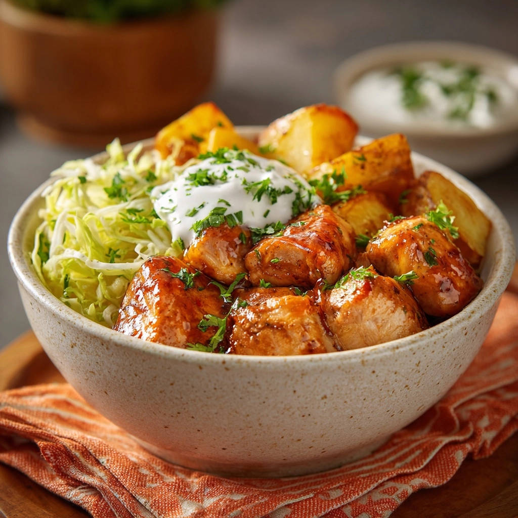 Glasiertes Hähnchen Bowl mit Knusperkartoffeln, serviert mit einem Klecks Sour Cream und gehackter Petersilie als Topping.