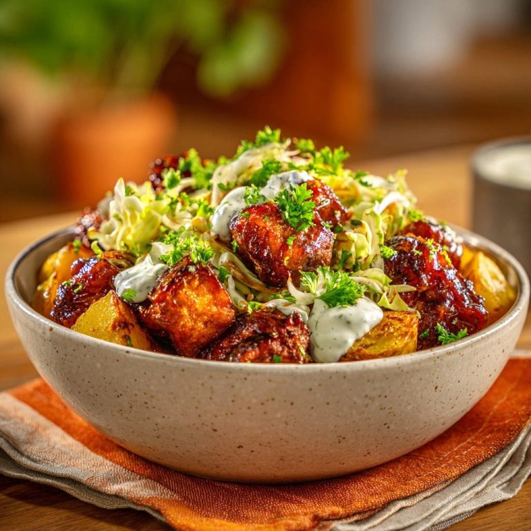 Glasiertes Hähnchen Bowl mit Knusperkartoffeln als Nahaufnahme mit cremiger Sauce und frischer Petersilie garniert.