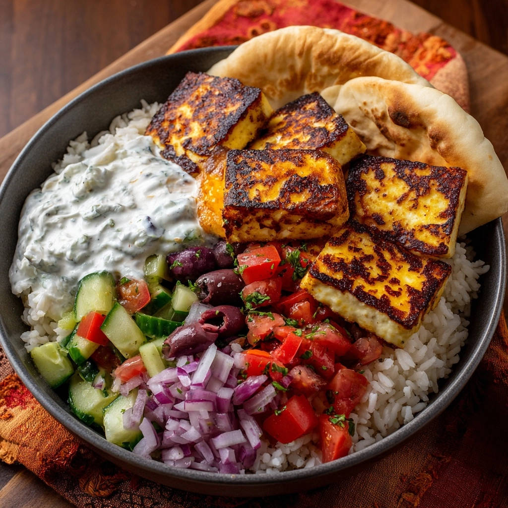 Goldbraune Halloumi-Reis-Bowl mit detaillierter Ansicht der knusprig gebratenen Halloumi-Würfel und frischen Beilagen.