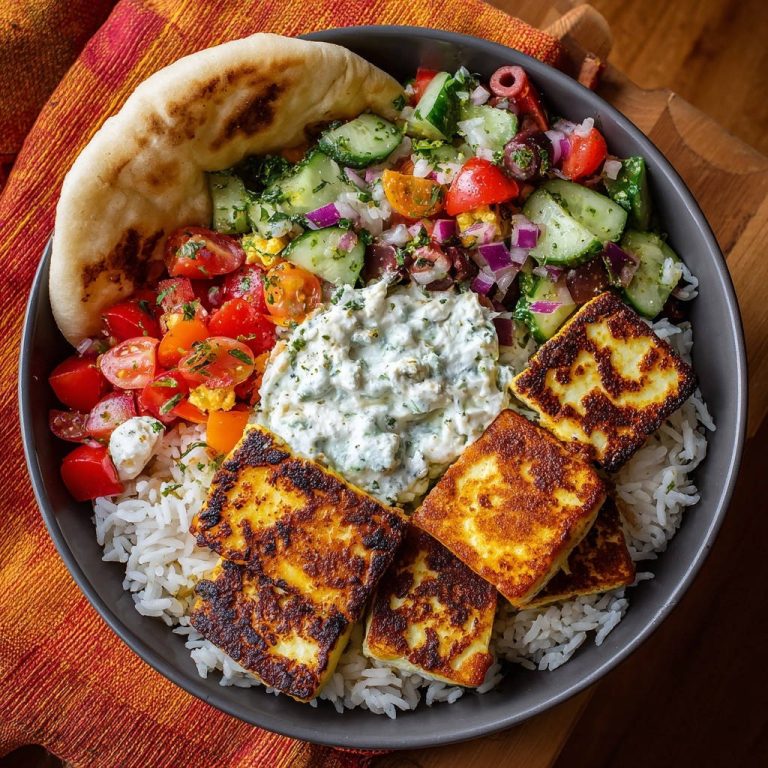 Goldbraune Halloumi-Reis-Bowl von oben mit frischem Salat, cremiger Sauce und Fladenbrot in einer Schüssel serviert.